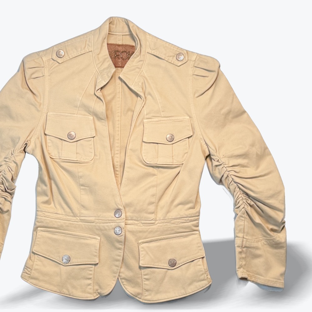 LaRok Tan Khaki Ruched Sleeve Utility Military Jacket Womens Small Cotton Blend